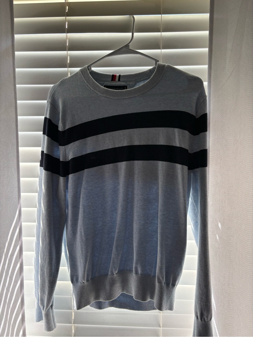 Tommy Hilfiger Light Gray Crewneck Sweater with Black Stripes